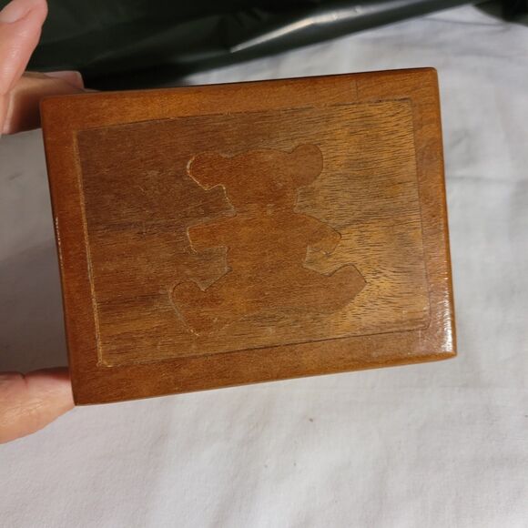 Stained Sm Wood Trinket Box Inlay Teddy Bear Handmade Signed - Picture 3 of 10